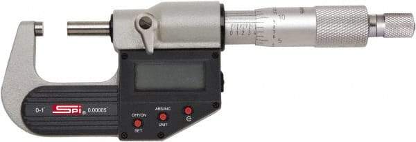 SPI - 4 to 5" Range, 0.00005" Resolution, Standard Throat IP65 Electronic Outside Micrometer - 0.0002" Accuracy, Ratchet Stop Thimble, Carbide-Tipped Face, LR44 Battery, Includes NIST Traceable Certification of Inspection - Eagle Tool & Supply