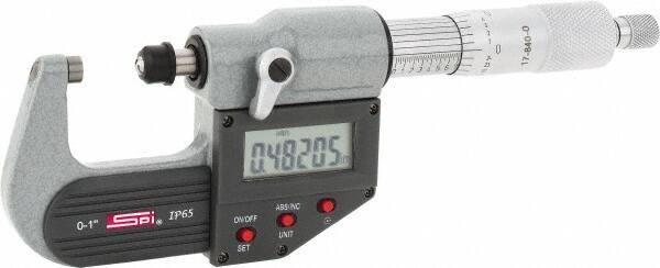 SPI - 0 to 1" Range, 0.00005" Resolution, Standard Throat IP65 Electronic Outside Micrometer - 0.0001" Accuracy, Ratchet Stop Thimble, Carbide-Tipped Face, LR44 Battery, Includes NIST Traceable Certification of Inspection - Eagle Tool & Supply