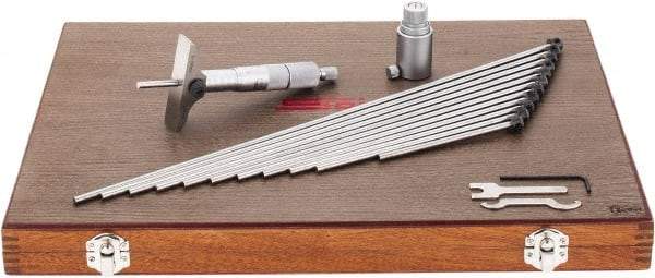 SPI - 0 to 300mm Range, 12 Rod, Mechanical Depth Micrometer - Ratchet Stop Thimble, 63mm Base Length, 0.01mm Graduation, 4.5mm Rod Diam - Eagle Tool & Supply