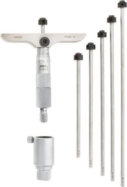 SPI - 0 to 150mm Range, 6 Rod, Mechanical Depth Micrometer - Ratchet Stop Thimble, 100mm Base Length, 0.01mm Graduation, 4.5mm Rod Diam - Eagle Tool & Supply