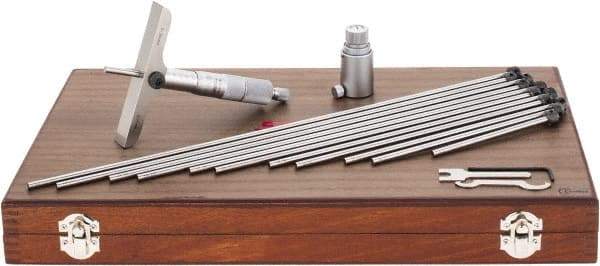 SPI - 0 to 300mm Range, 12 Rod, Mechanical Depth Micrometer - Ratchet Stop Thimble, 100mm Base Length, 0.01mm Graduation, 4.5mm Rod Diam - Eagle Tool & Supply