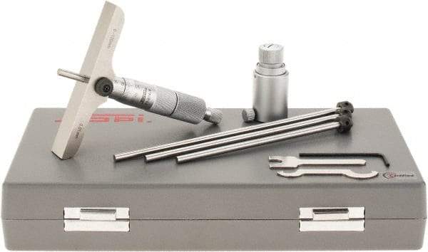 SPI - 0 to 100mm Range, 4 Rod, Mechanical Depth Micrometer - Ratchet Stop Thimble, 100mm Base Length, 0.01mm Graduation, 4.5mm Rod Diam - Eagle Tool & Supply