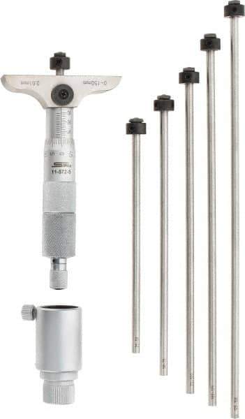 SPI - 0 to 150mm Range, 6 Rod, Mechanical Depth Micrometer - Ratchet Stop Thimble, 63mm Base Length, 0.01mm Graduation, 4.5mm Rod Diam - Eagle Tool & Supply