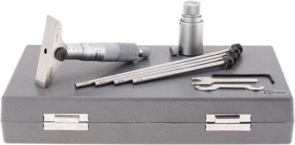 SPI - 0 to 100mm Range, 4 Rod, Mechanical Depth Micrometer - Ratchet Stop Thimble, 63mm Base Length, 0.01mm Graduation, 4.5mm Rod Diam - Eagle Tool & Supply