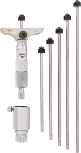 SPI - 0 to 6" Range, 6 Rod, Mechanical Depth Micrometer - Ratchet Stop Thimble, 2-1/2" Base Length, 0.001" Graduation, 4.5mm Rod Diam - Eagle Tool & Supply