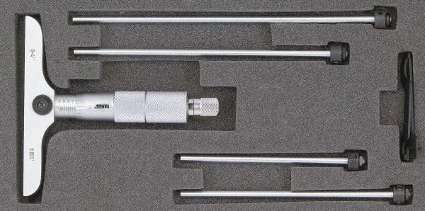 SPI - 0 to 12" Range, 12 Rod, Mechanical Depth Micrometer - Ratchet Stop Thimble, 4" Base Length, 0.001" Graduation, 4.5mm Rod Diam - Eagle Tool & Supply