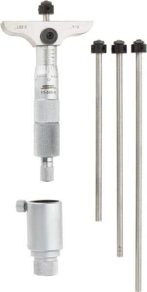 SPI - 0 to 4" Range, 4 Rod, Mechanical Depth Micrometer - Ratchet Stop Thimble, 2-1/2" Base Length, 0.001" Graduation, 4.5mm Rod Diam - Eagle Tool & Supply