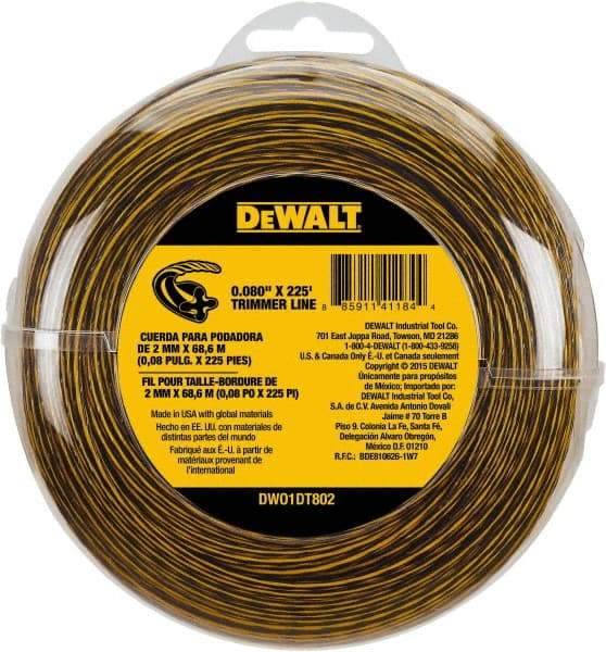 DeWALT - 0.08" Diam, 225' Long String Trimmer Replacment Line - For DCST920B, DCST920P1, DCST970X1, DCST990B, DCST990H1, DCST990M1 - Eagle Tool & Supply