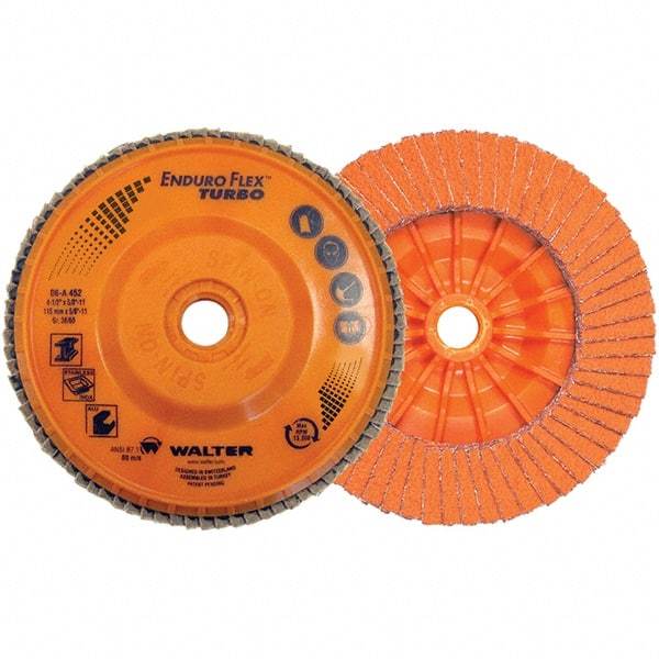 WALTER Surface Technologies - 36 & 60 Grit, 5" Disc Diam, 7/8" Center Hole, Type 27 Ceramic Flap Disc - 12,200 Max RPM, Plastic Backing, Arbor Attaching System, Coated - Eagle Tool & Supply