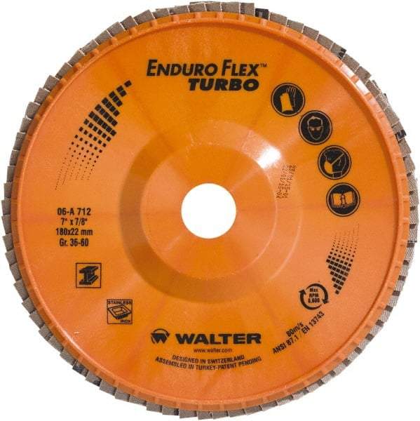WALTER Surface Technologies - 36 & 60 Grit, 7" Disc Diam, 7/8" Center Hole, Type 27 Ceramic Flap Disc - 8,600 Max RPM, Plastic Backing, Arbor Attaching System, Coated - Eagle Tool & Supply