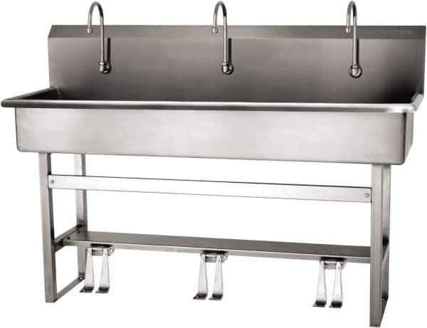 SANI-LAV - 57" Long x 16-1/2" Wide Inside, 1 Compartment, Grade 304 Stainless Steel (4) Person Wash-Station with Double Foot Valves - 16 Gauge, 60" Long x 20" Wide x 45" High Outside, 8" Deep - Eagle Tool & Supply