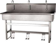 SANI-LAV - 57" Long x 16-1/2" Wide Inside, 1 Compartment, Grade 304 Stainless Steel (4) Person Wash-Station with Double Foot Valves - 16 Gauge, 60" Long x 20" Wide x 45" High Outside, 8" Deep - Eagle Tool & Supply