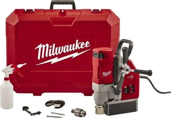 Milwaukee Tool - 1-5/8" Chuck, 5.125" Travel, Portable Electromagnetic Drill Press - 470-730 RPM, 13 Amps, 2.3 hp, 1750 Watts - Eagle Tool & Supply