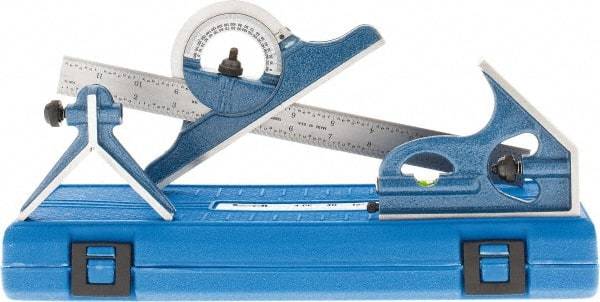 SPI - 4 Piece, 12" Combination Square Set - 1/100, 1/32, 1/50 & 1/64" (16R) Graduation, Hardened Steel Blade, Hardened Steel Center, Protractor & Square Head - Eagle Tool & Supply