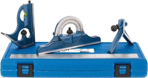 SPI - 4 Piece, 12" Combination Square Set - 1/100, 1/32, 1/50 & 1/64" (16R) Graduation, Hardened Steel Blade, Cast Iron Center, Protractor & Square Head - Eagle Tool & Supply