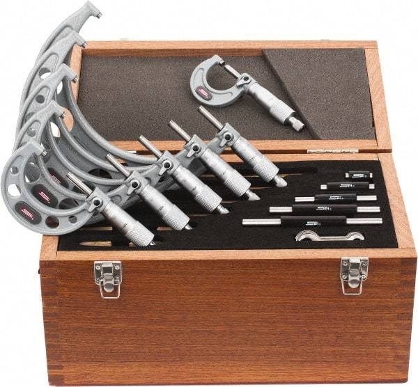 SPI - 0 to 150mm Range, 6 Piece Mechanical Outside Micrometer Set - 0.01mm Graduation, 0.004, 0.005, 0.006mm Accuracy, Ratchet Stop Thimble - Eagle Tool & Supply