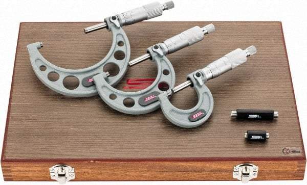 SPI - 0 to 3" Range, 3 Piece Mechanical Outside Micrometer Set - 0.0001" Graduation, 0.0001, 0.0002" Accuracy, Ratchet Stop Thimble - Eagle Tool & Supply