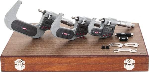 SPI - 0 to 3" Range, 0.001mm Resolution, IP65, 3 Piece Electronic Outside Micrometer Sets - 0.002mm Accuracy, Ratchet Stop Thimble, Carbide Tipped Measuring Face - Eagle Tool & Supply