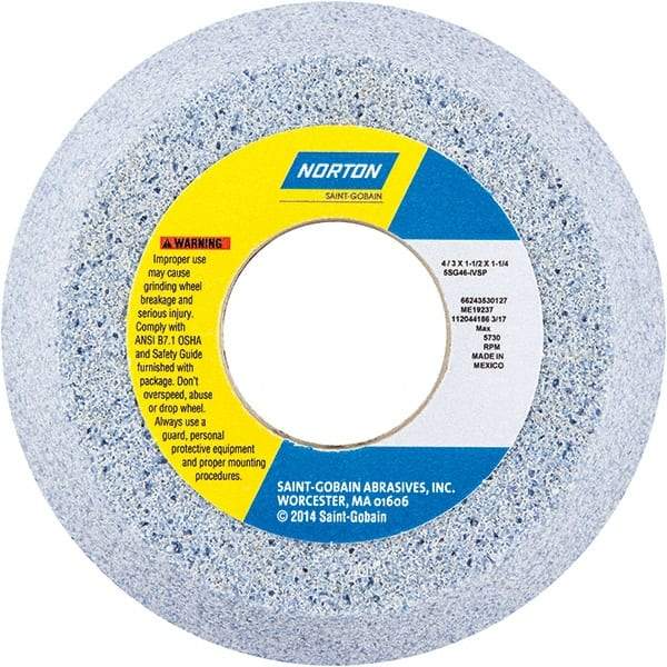 Norton - 4" Diam x 1-1/4" Hole x 1-1/2" Thick, I Hardness, 46 Grit Surface Grinding Wheel - Ceramic, Type 11, Coarse Grade, 5,730 Max RPM - Eagle Tool & Supply