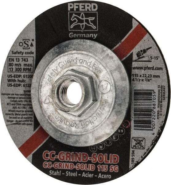 PFERD - 46 Grit, 4-1/2" Wheel Diam, Type 27 Depressed Center Wheel - Aluminum Oxide - Eagle Tool & Supply