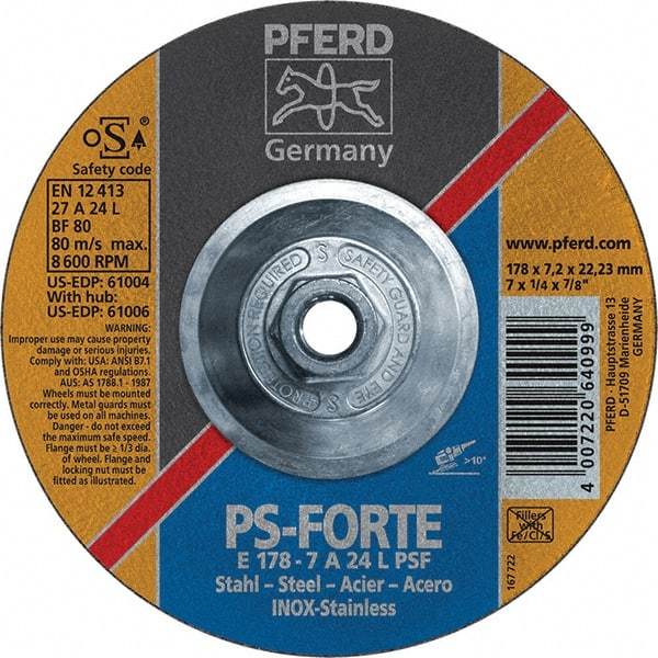 PFERD - 46 Grit, 7" Wheel Diam, 1/4" Wheel Thickness, Type 27 Depressed Center Wheel - Aluminum Oxide - Eagle Tool & Supply