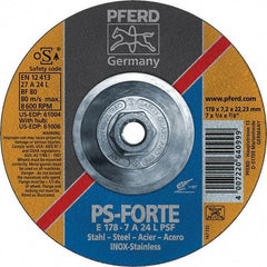 PFERD - 46 Grit, 7" Wheel Diam, 1/4" Wheel Thickness, Type 27 Depressed Center Wheel - Aluminum Oxide - Eagle Tool & Supply