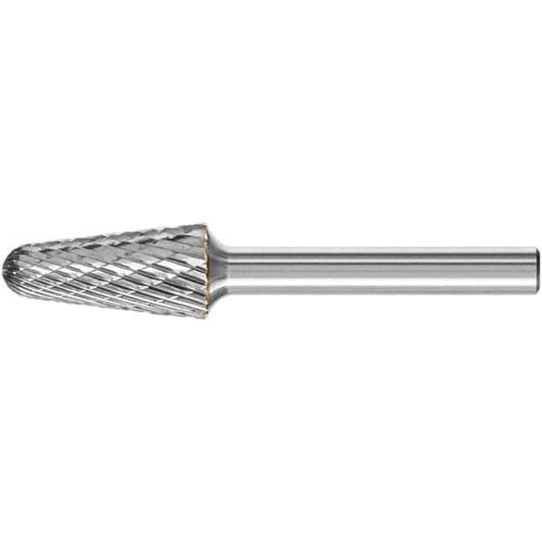 PFERD - 1/2" Cut Diam, 1/4" Shank Diam, Taper Head Double Cut Burr - Carbide, Radius End, 1-1/8" LOC, 3.16" OAL - Eagle Tool & Supply