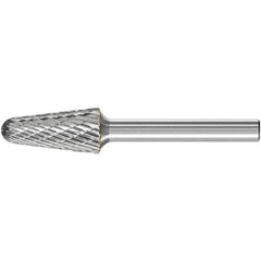 PFERD - 1/2" Cut Diam, 1/4" Shank Diam, Taper Head Double Cut Burr - Carbide, Radius End, 1-1/8" LOC, 3.16" OAL - Eagle Tool & Supply
