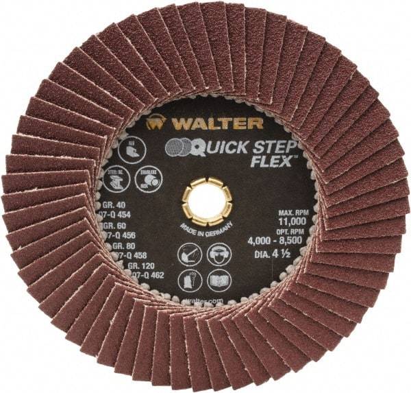 WALTER Surface Technologies - 80 Grit, 4-1/2" Disc Diam, Type 29 Aluminum Oxide Flap Disc - 11,000 Max RPM, Fiber Backing, Arbor Attaching System, Coated - Eagle Tool & Supply