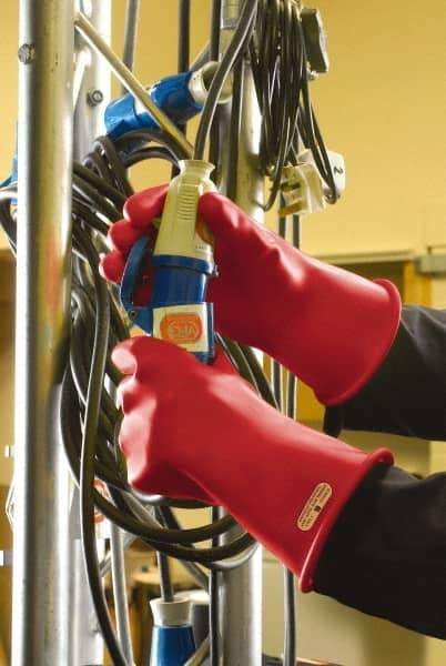 Ansell - Class 0, Size 12, 11" Long, Rubber Lineman's Glove - 5,000 AC Max Use Voltage, 1,000 AC Test Voltage, Red, ASTM D120 - Eagle Tool & Supply