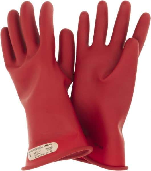 Ansell - Class 00, Size 9, 11" Long, Rubber Lineman's Glove - 2,500 AC Max Use Voltage, 500 AC Test Voltage, Red, ASTM D120 - Eagle Tool & Supply