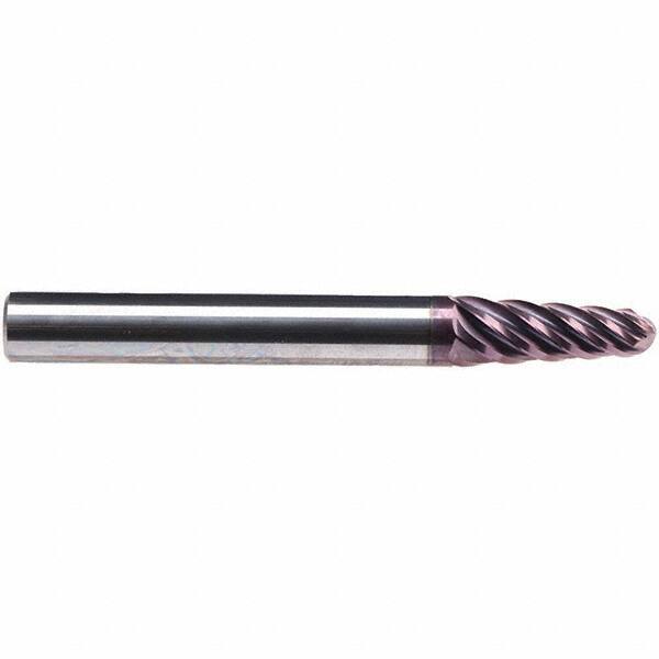 Emuge - 4° Taper Angle per Side, 7.89mm Small End Diam, 30mm LOC, Solid Carbide 6 Flute Tapered Ball End Mill - TiAlN Finish, 108mm OAL, 12mm Shank Diam, Spiral Flute, 38° Helix - Eagle Tool & Supply