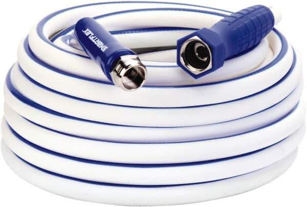 Legacy - 50' Long Marine/RV Hose - 5/8" Diam, 3/4" GHT, Hi-Tec Polymer, 150 psi, All Season, White with Blue Stripe - Eagle Tool & Supply