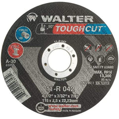 WALTER Surface Technologies - 4-1/2" 30 Grit Aluminum Oxide Cutoff Wheel - 3/32" Thick, 7/8" Arbor, 13,300 Max RPM, Use with Angle Grinders - Eagle Tool & Supply