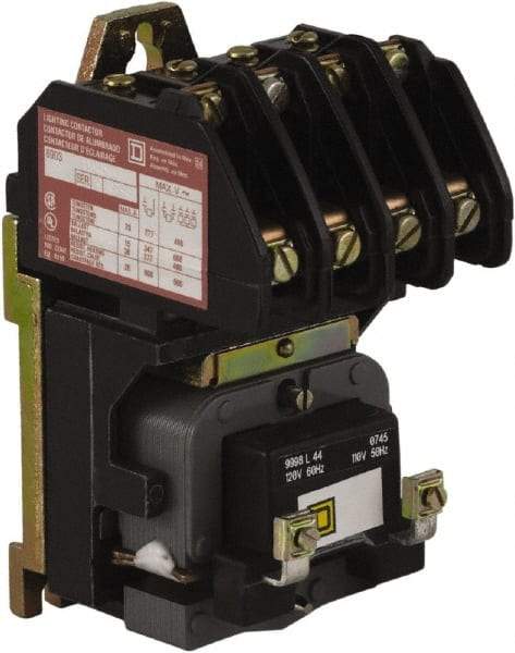 Square D - No Enclosure, 4 Pole, Electrically Held Lighting Contactor - 20 A (Tungsten), 30 A (Fluorescent), 110 VAC at 50 Hz, 120 VAC at 60 Hz, 4NO Contact Configuration - Eagle Tool & Supply