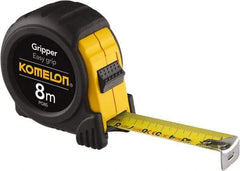 Komelon - 26' x 25mm Yellow Steel Blade Tape Measure - 1/10' & 1mm Graduation, Metric Graduation Style, Yellow/Black ABS Plastic Case - Eagle Tool & Supply