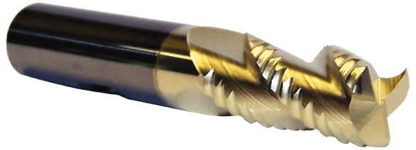 Accupro - 1/2" Diam, Coarse Pitch, 5/8" LOC, 3 Flute Solid Carbide 0.06" Corner Radius Roughing End Mill - ZrN Finish, 2-1/2" OAL, 1/2" Shank Diam, Single End, Centercutting, 30° Helix - Eagle Tool & Supply