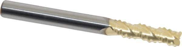 Accupro - 1/4" Diam, Coarse Pitch, 3/4" LOC, 3 Flute Solid Carbide 0.045" Corner Radius Roughing End Mill - ZrN Finish, 2-1/2" OAL, 1/4" Shank Diam, Single End, Centercutting, 30° Helix - Eagle Tool & Supply