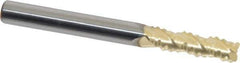 Accupro - 1/4" Diam, Coarse Pitch, 3/4" LOC, 3 Flute Solid Carbide 0.045" Corner Radius Roughing End Mill - ZrN Finish, 2-1/2" OAL, 1/4" Shank Diam, Single End, Centercutting, 30° Helix - Eagle Tool & Supply