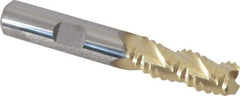 Accupro - 3/8" Diam, Coarse Pitch, 7/8" LOC, 3 Flute Solid Carbide 0.06" Corner Radius Roughing End Mill - ZrN Finish, 2-1/2" OAL, 3/8" Shank Diam, Single End, Centercutting, 30° Helix - Eagle Tool & Supply