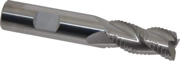 Accupro - 5/8" Diam, Coarse Pitch, 1-1/4" LOC, 3 Flute Solid Carbide 0.06" Corner Radius Roughing End Mill - Uncoated, 3-1/2" OAL, 5/8" Shank Diam, Single End, Centercutting, 30° Helix - Eagle Tool & Supply