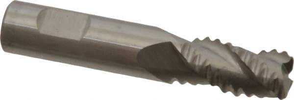 Accupro - 3/8" Diam, Coarse Pitch, 5/8" LOC, 3 Flute Solid Carbide 0.06" Corner Radius Roughing End Mill - Uncoated, 2" OAL, 3/8" Shank Diam, Single End, Centercutting, 30° Helix - Eagle Tool & Supply