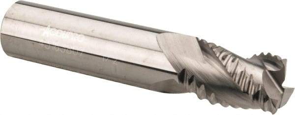 Accupro - 1/2" Diam, Coarse Pitch, 5/8" LOC, 3 Flute Solid Carbide 0.06" Corner Radius Roughing End Mill - Uncoated, 2-1/2" OAL, 1/2" Shank Diam, Single End, Centercutting, 30° Helix - Eagle Tool & Supply