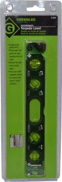 Greenlee - Magnetic 8-1/2" Long 4 Vial Torpedo Level - Aluminum, Green, 1 0°, 1 30°, 1 45° & 1 90° Vials - Eagle Tool & Supply