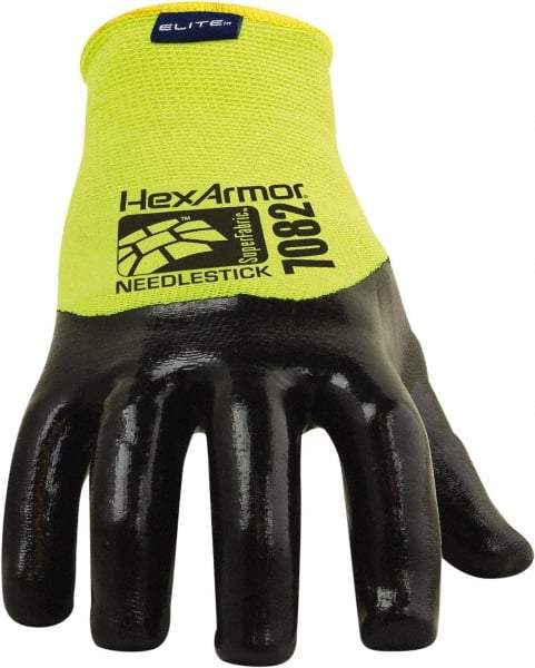 HexArmor - Size M (8), ANSI Cut Lvl A9, Puncture Lvl 4, PVC Coated Cut & Puncture Resistant Gloves - 9" Long, Palm, Fingers & Knuckles Coated, SuperFabric Lining, Knit Wrist, Hi-Vis Yellow/Black, Paired - Eagle Tool & Supply