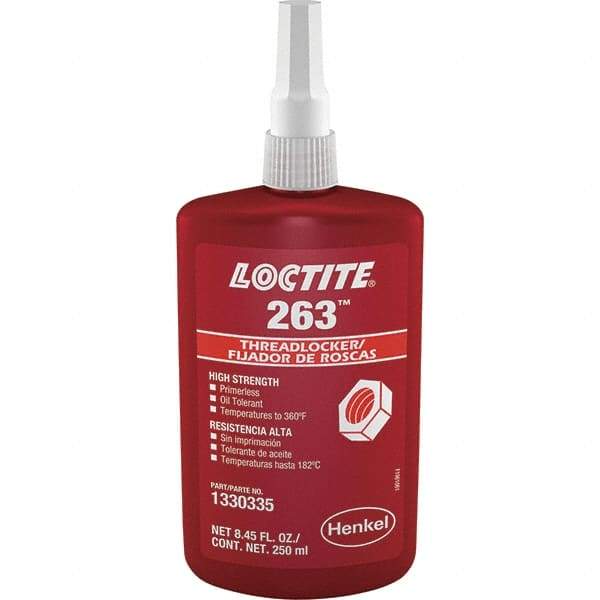 Loctite - 250 mL Bottle, Red, High Strength Liquid Threadlocker - Series 263, 24 hr Full Cure Time, Hand Tool, Heat Removal - Eagle Tool & Supply
