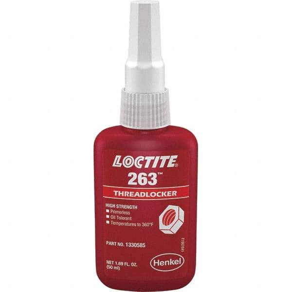 Loctite - 50 mL Bottle, Red, High Strength Liquid Threadlocker - Series 263, 24 hr Full Cure Time, Hand Tool, Heat Removal - Eagle Tool & Supply