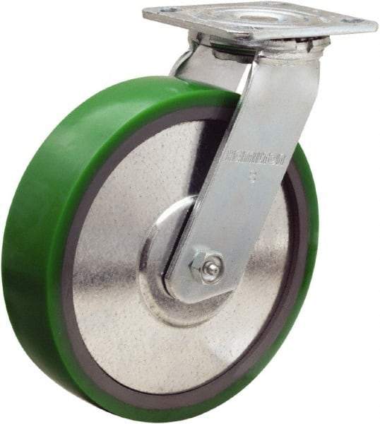 Hamilton - 8" Diam x 2" Wide x 9-1/2" OAH Top Plate Mount Swivel Caster - Polyurethane Mold onto Cast Iron Center, 900 Lb Capacity, Sealed Precision Ball Bearing, 4 x 4-1/2" Plate - Eagle Tool & Supply