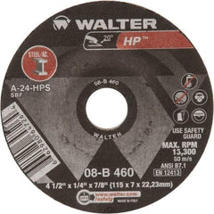 WALTER Surface Technologies - 24 Grit, 4-1/2" Wheel Diam, 1/4" Wheel Thickness, 7/8" Arbor Hole, Type 27 Depressed Center Wheel - Aluminum Oxide, 13,300 Max RPM - Eagle Tool & Supply