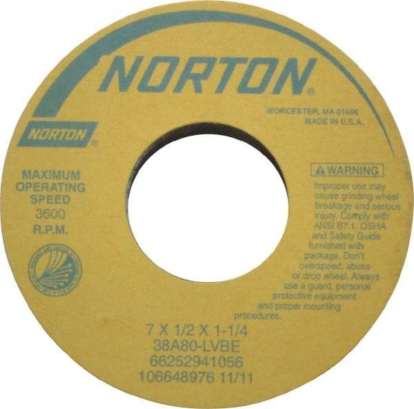 Norton - 7" Diam x 1-1/4" Hole x 1/2" Thick, L Hardness, 80 Grit Surface Grinding Wheel - Aluminum Oxide, Type 1, Medium Grade, 3,600 Max RPM, Vitrified Bond, No Recess - Eagle Tool & Supply